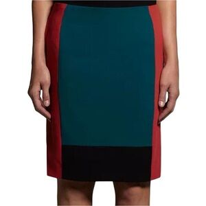Narciso Rodriguez Teal Center Red Side Pencil Skirt with Black Hem